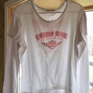 Auth Harley Davidson Shirt Perforated Long Sleeve Medium White 🩷 Crystals Nwot